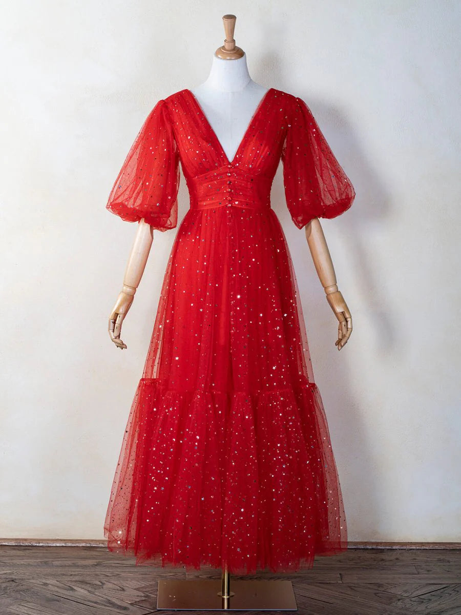 A-line V-Neck Half Puff Sleeves Button Tulle Red Tea Length Prom Dress