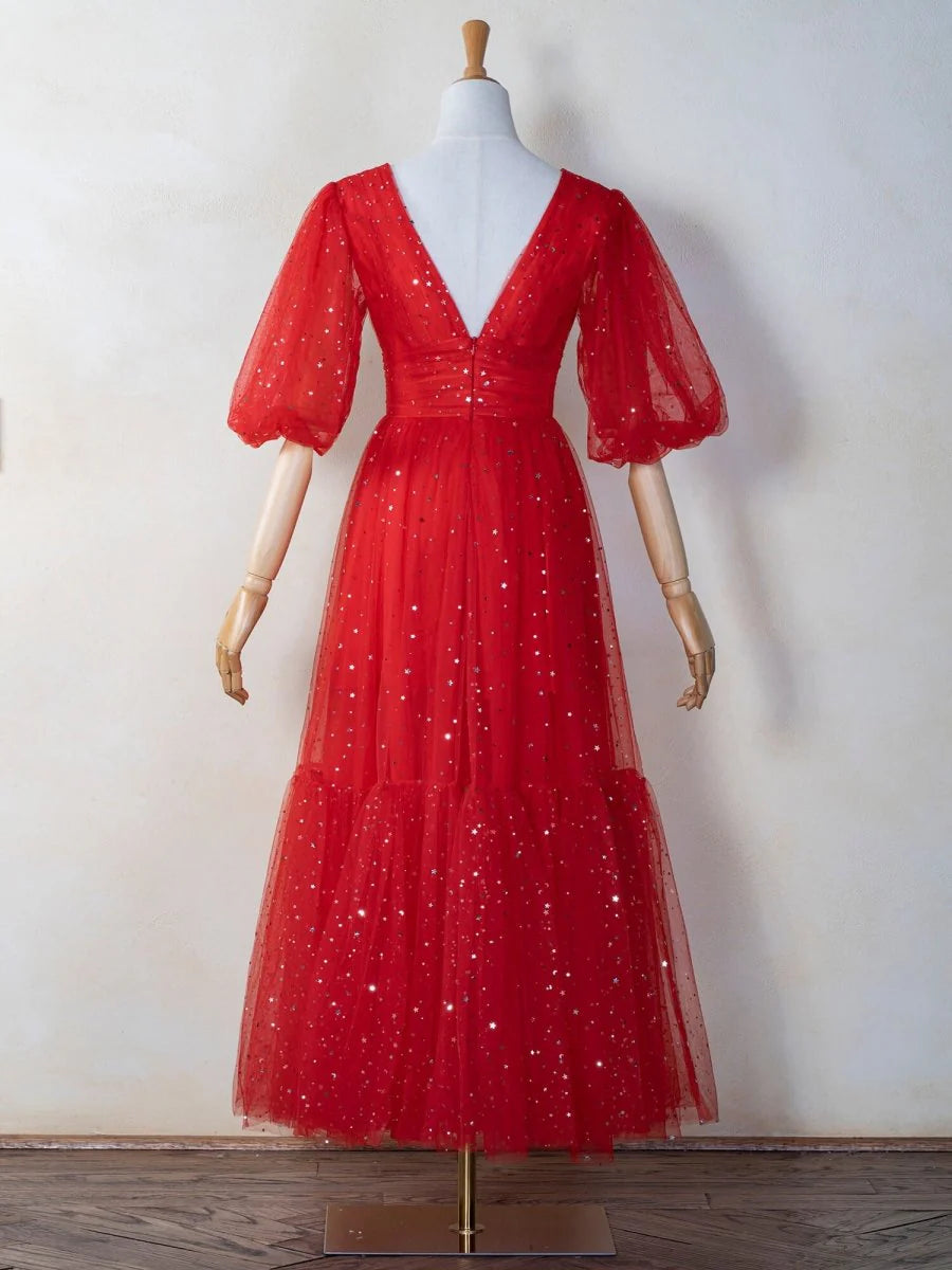 A-line V-Neck Half Puff Sleeves Button Tulle Red Tea Length Prom Dress