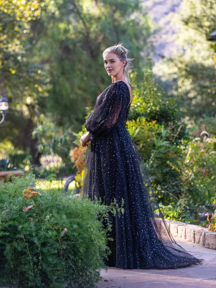 A-line V-Neck Long Sleeves Pleated Tulle Black Floor Length Prom Dress