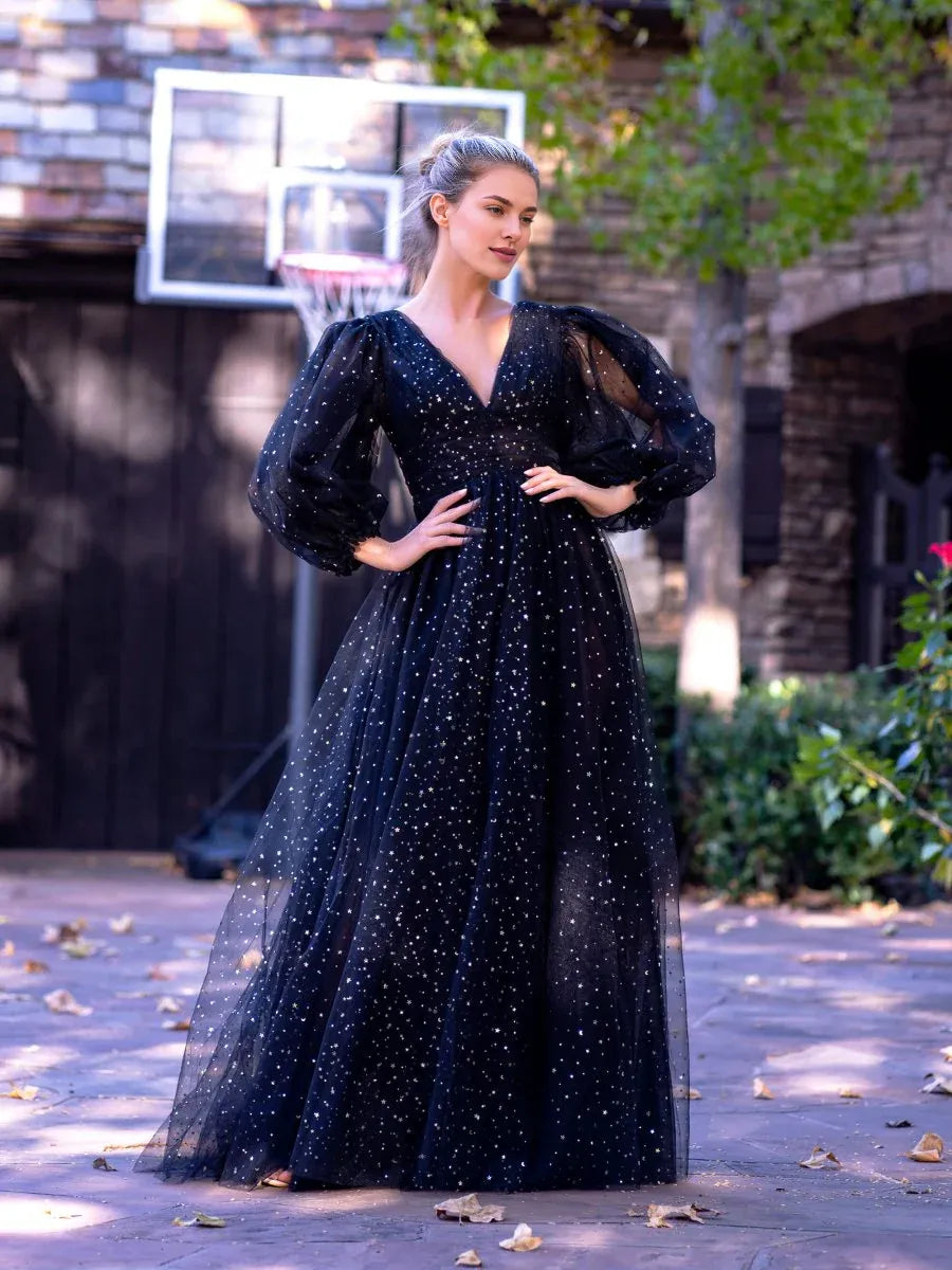 A-line V-Neck Long Sleeves Pleated Tulle Black Floor Length Prom Dress