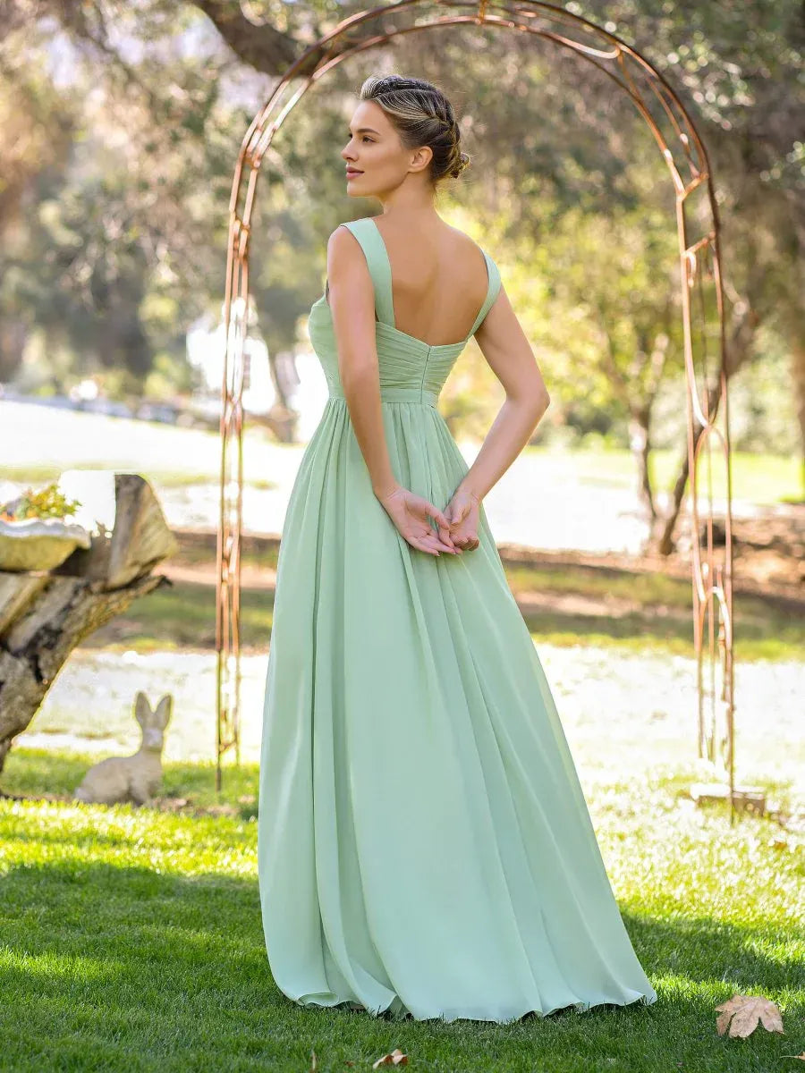 A-line V-Neck Pleated Chiffon Mint Green Floor-Length Bridesmaid Dress