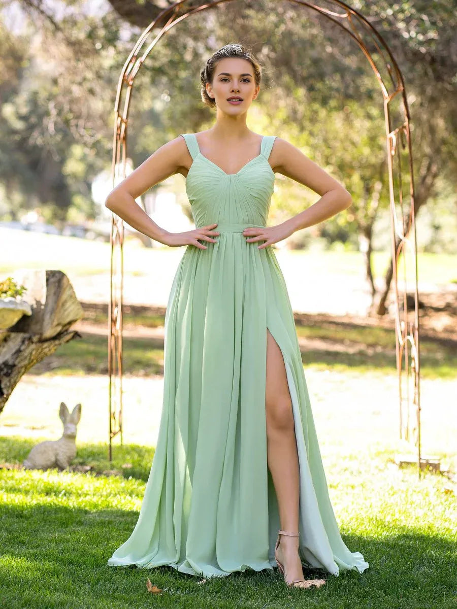 A-line V-Neck Pleated Chiffon Mint Green Floor-Length Bridesmaid Dress