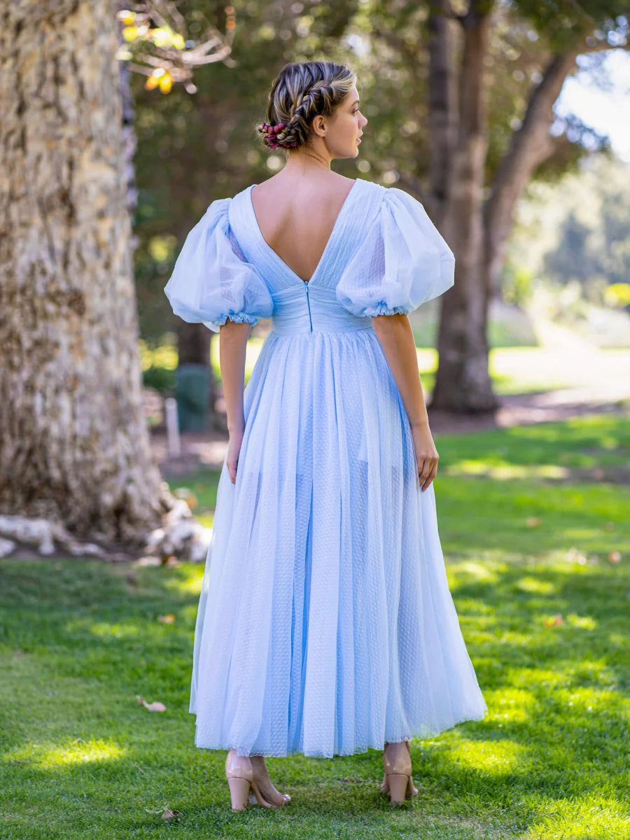 A-line V-Neck Puff Sleeves Button Tulle Blue Ankle Length Prom Dress
