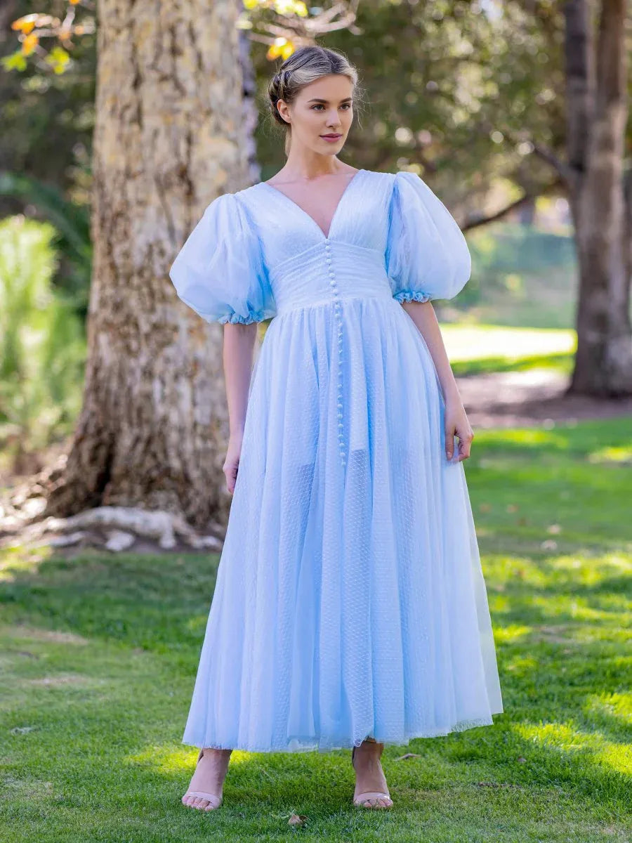 A-line V-Neck Puff Sleeves Button Tulle Blue Ankle Length Prom Dress