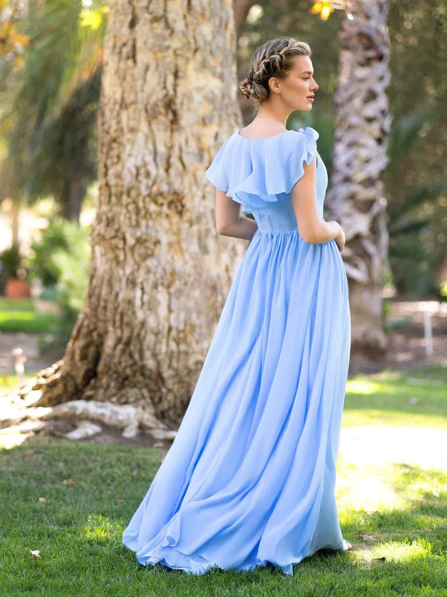 A-line V-Neck Ruffle Chiffon Blue Floor Length Bridesmaid Dress With Slit