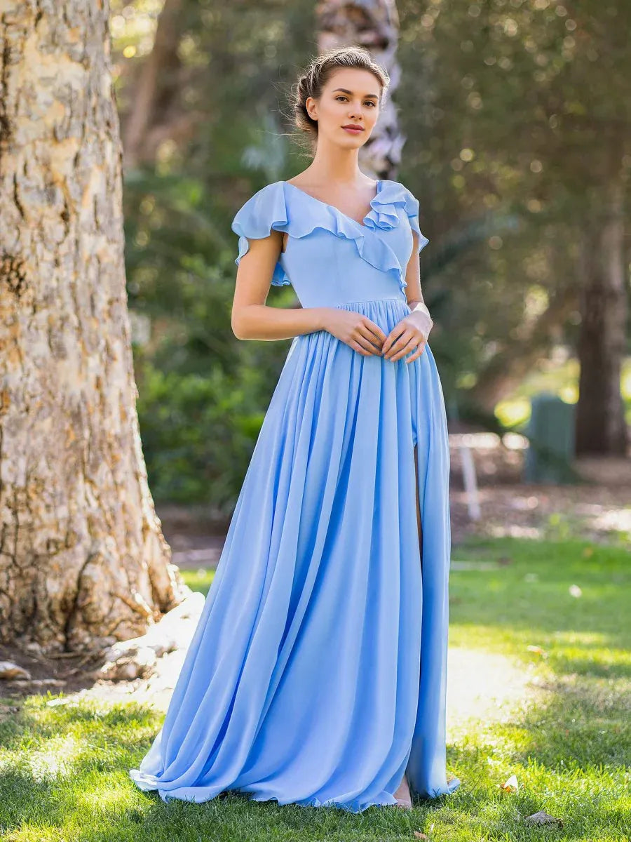 A-line V-Neck Ruffle Chiffon Blue Floor Length Bridesmaid Dress With Slit
