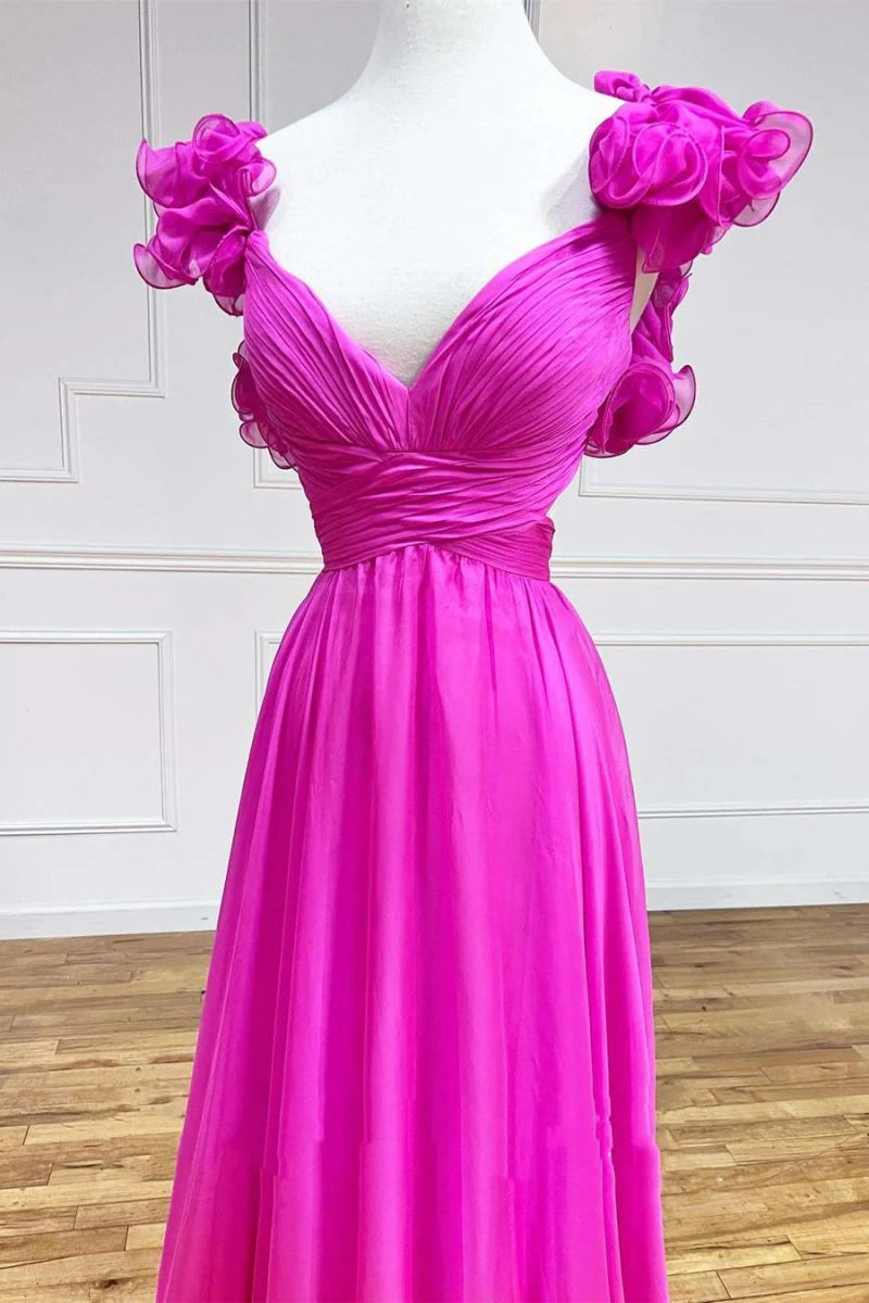 A-line V-Neck Ruffle Pleated Chiffon Fuchsia Long Prom Dress Hot Sale