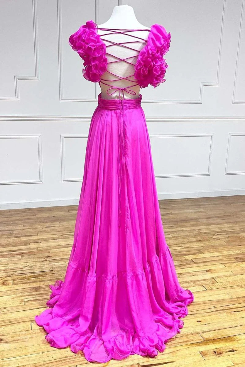 A-line V-Neck Ruffle Pleated Chiffon Fuchsia Long Prom Dress Hot Sale
