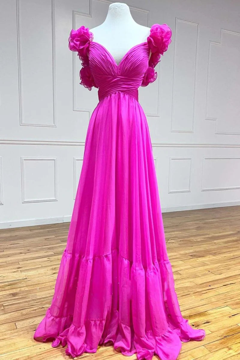 A-line V-Neck Ruffle Pleated Chiffon Fuchsia Long Prom Dress Hot Sale