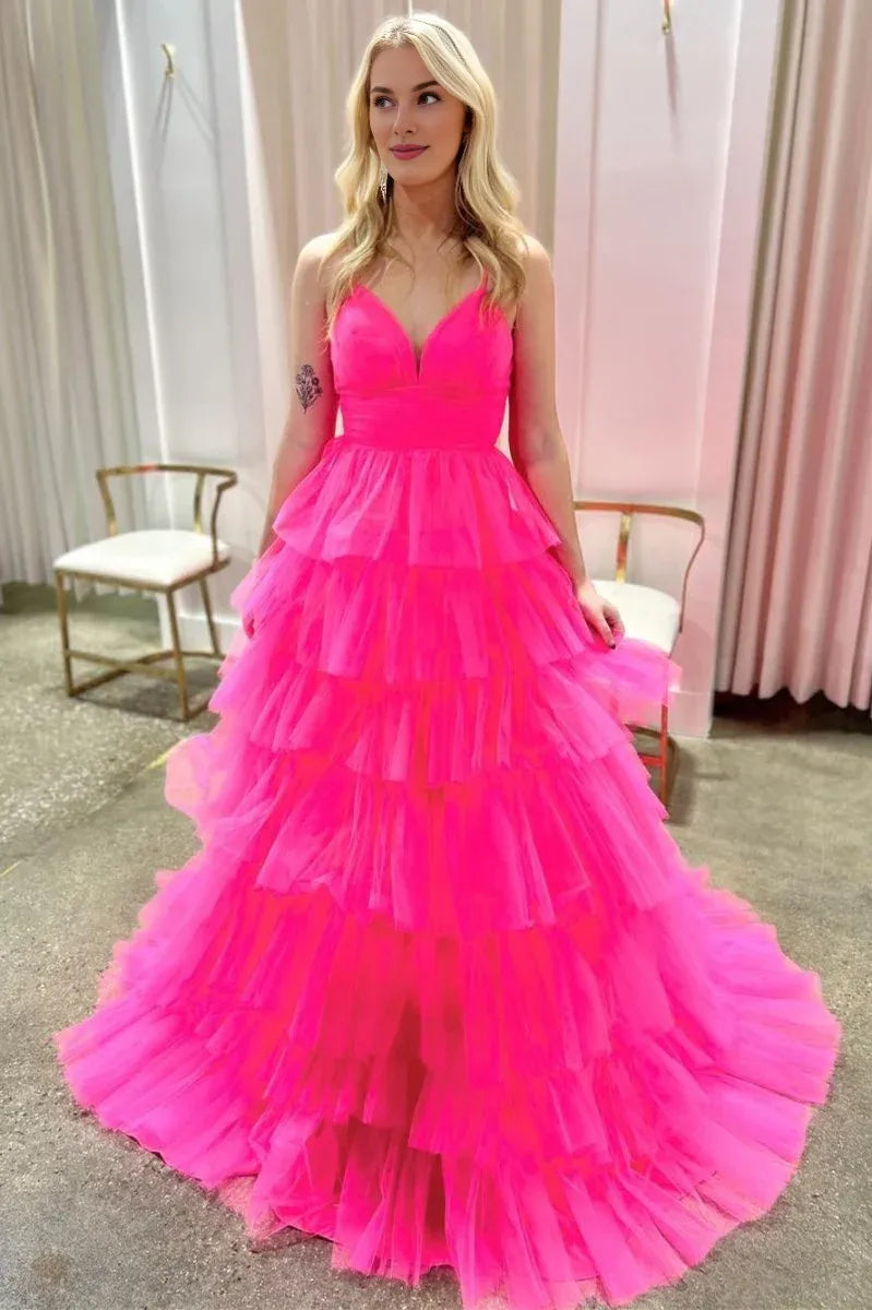 A-line V-Neck Ruffle Tiered Tulle Candy Pink Floor Length Prom Gown