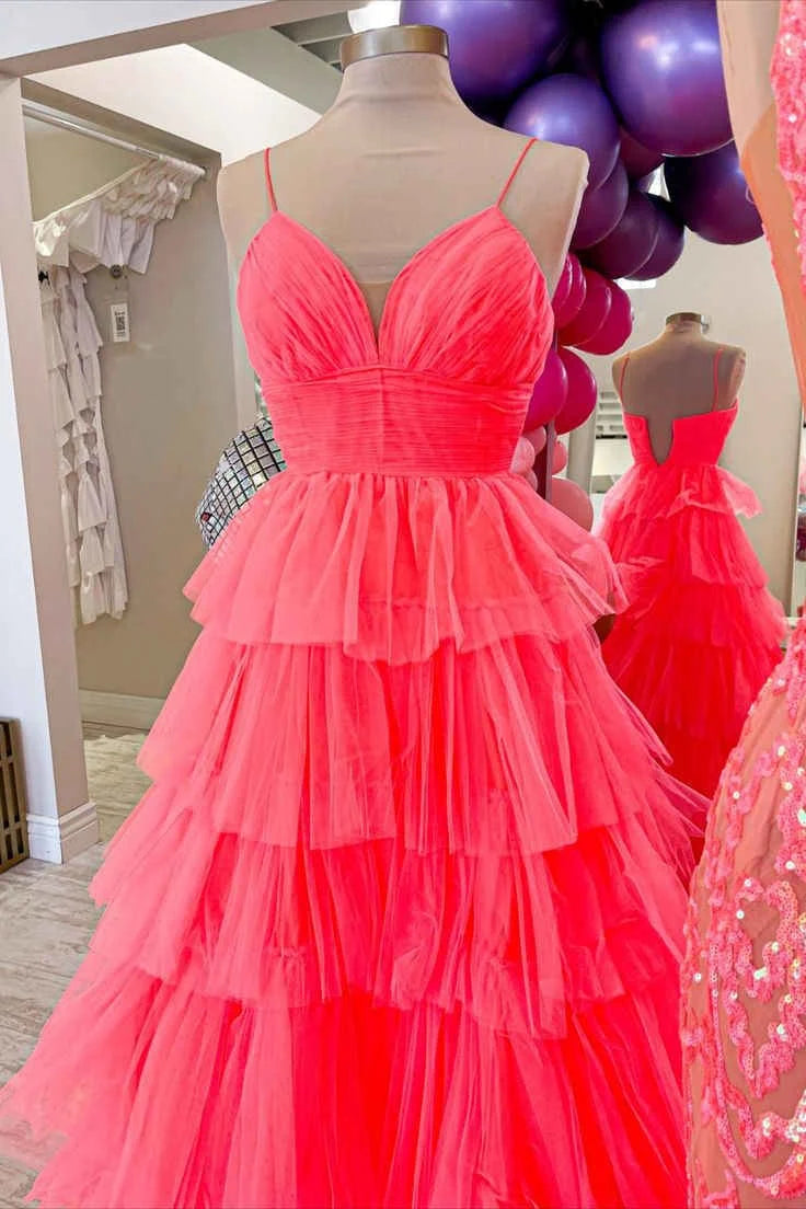 A-line V-Neck Ruffle Tiered Tulle Candy Pink Floor Length Prom Gown