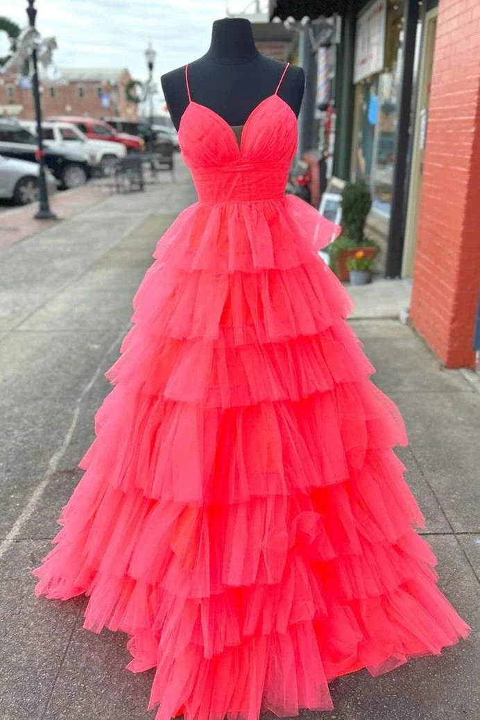 A-line V-Neck Ruffle Tiered Tulle Candy Pink Floor Length Prom Gown