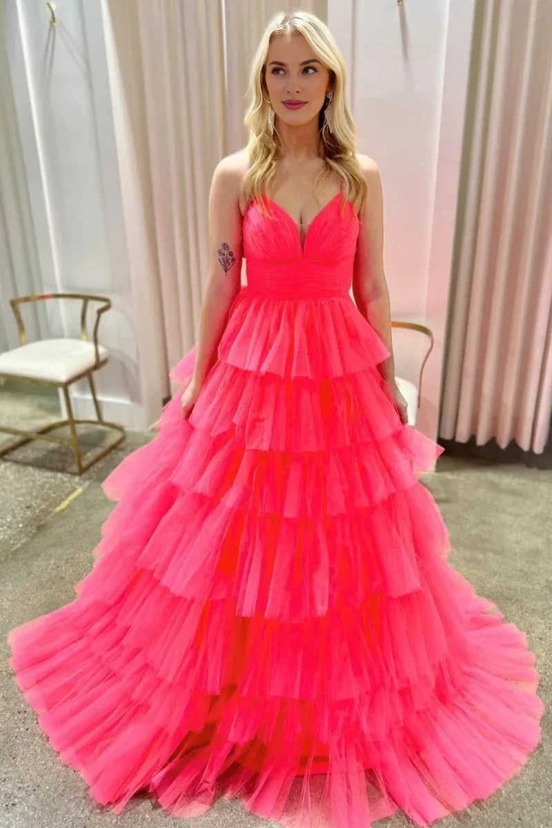 A-line V-Neck Ruffle Tiered Tulle Candy Pink Floor Length Prom Gown