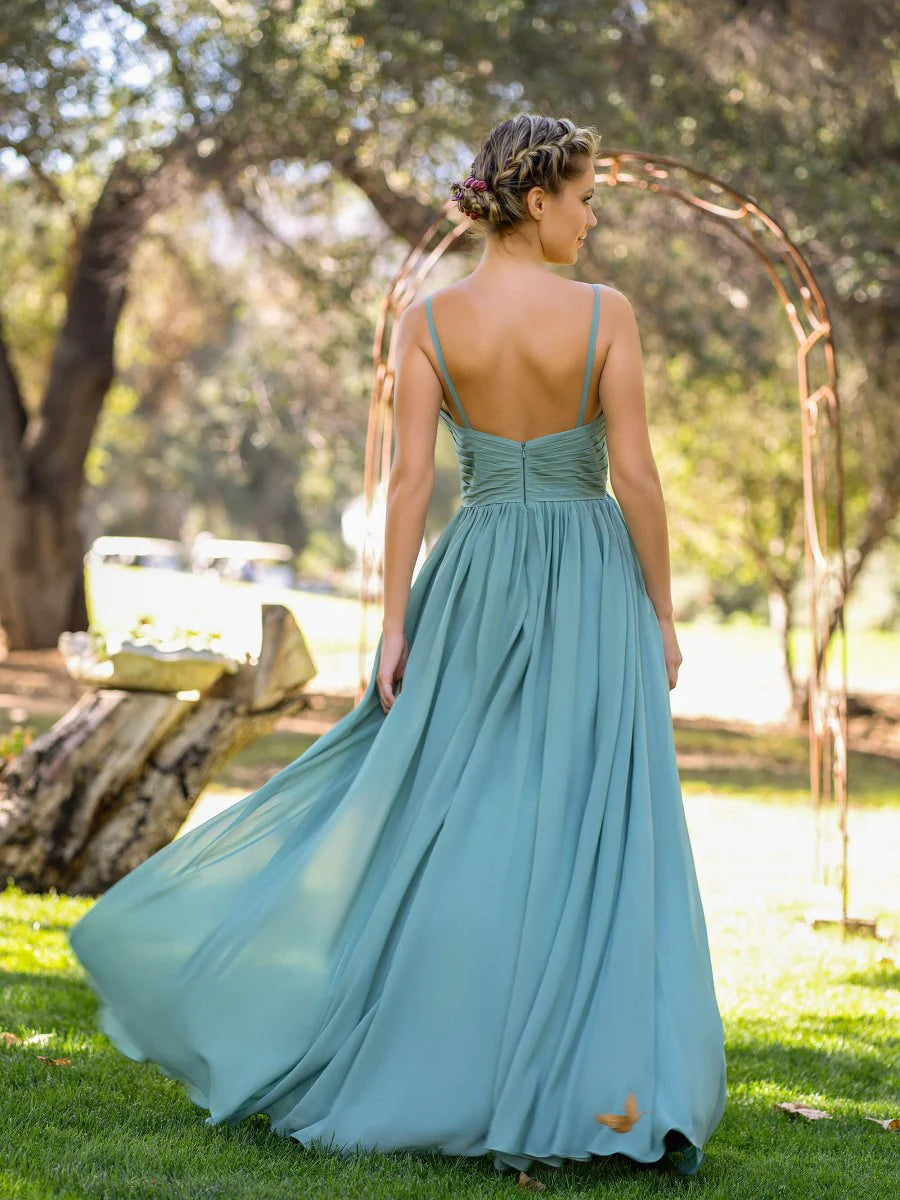A-line V-Neck Spaghetti Straps Slit Chiffon Dusty Blue Bridesmaid Dress