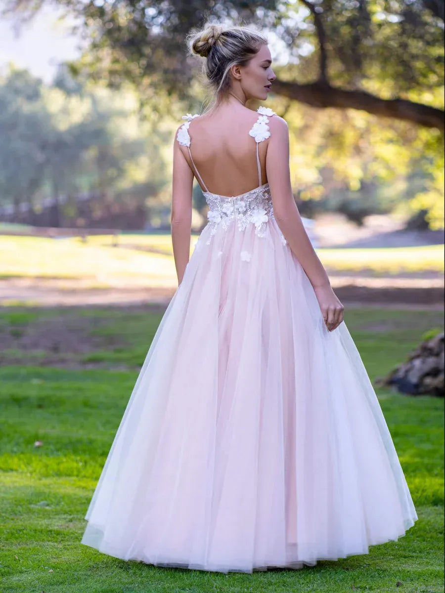 A-line V-Neck Tie Bow Appliques Lace Tulle Champagne Long Prom Dress
