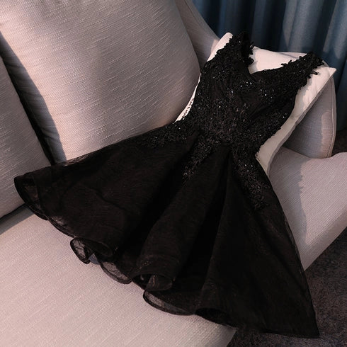 A-line V-neckline Short Black Lace Homecoming Dress Party Dress