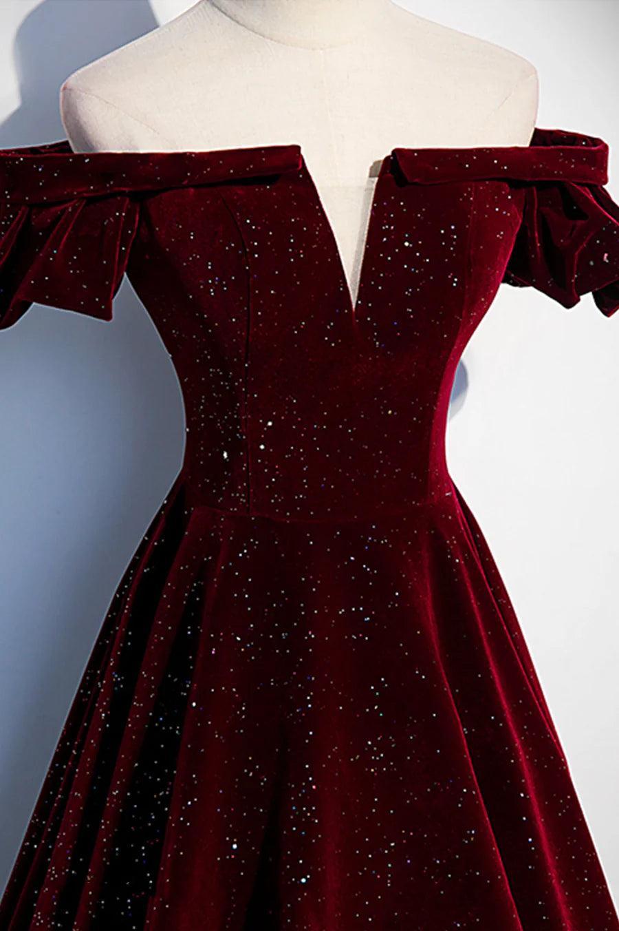 A-line V Neck Off the Shoulder Velvet Burgundy Long Prom Dresses With Train