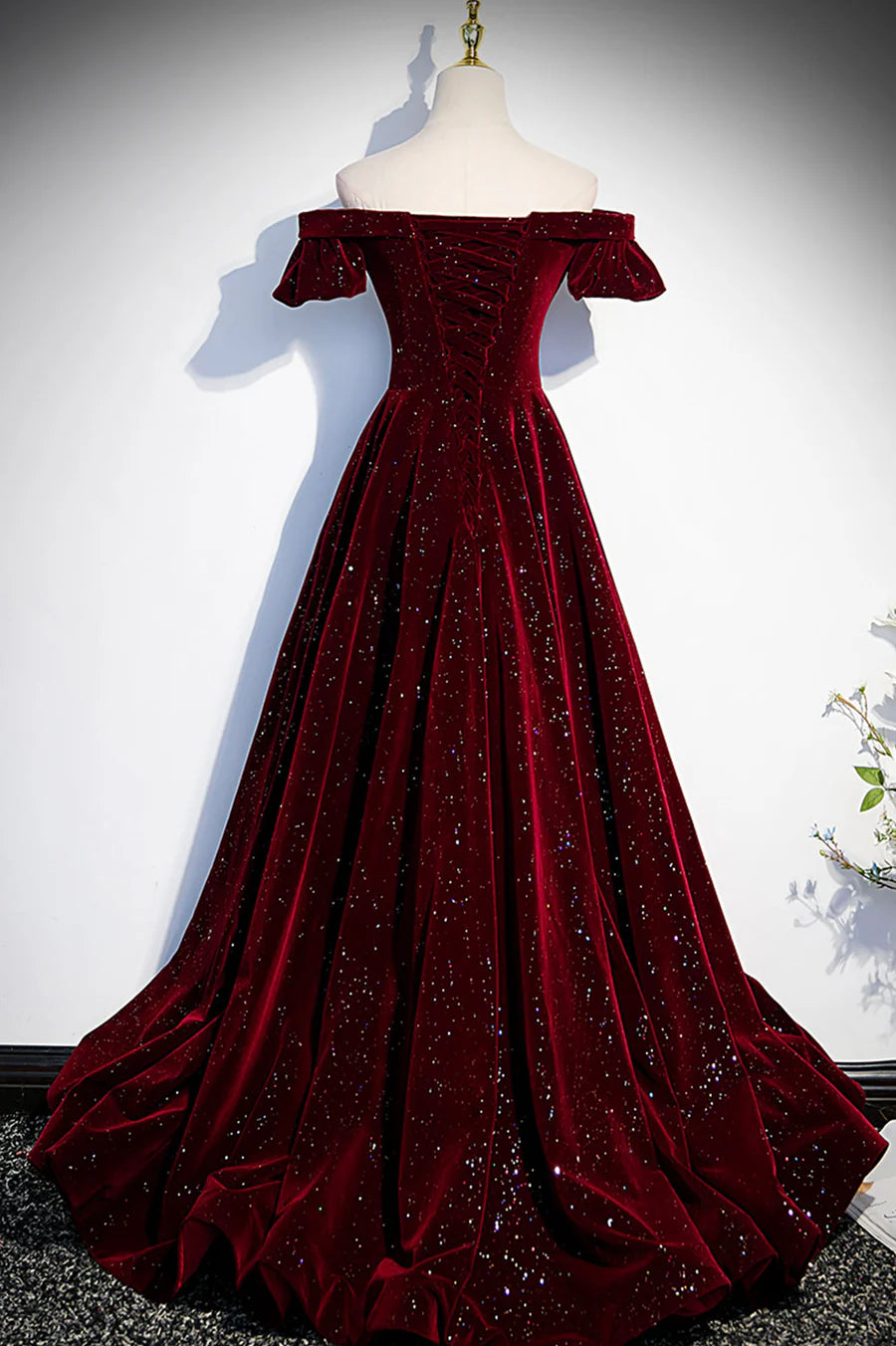 A-line V Neck Off the Shoulder Velvet Burgundy Long Prom Dresses With Train