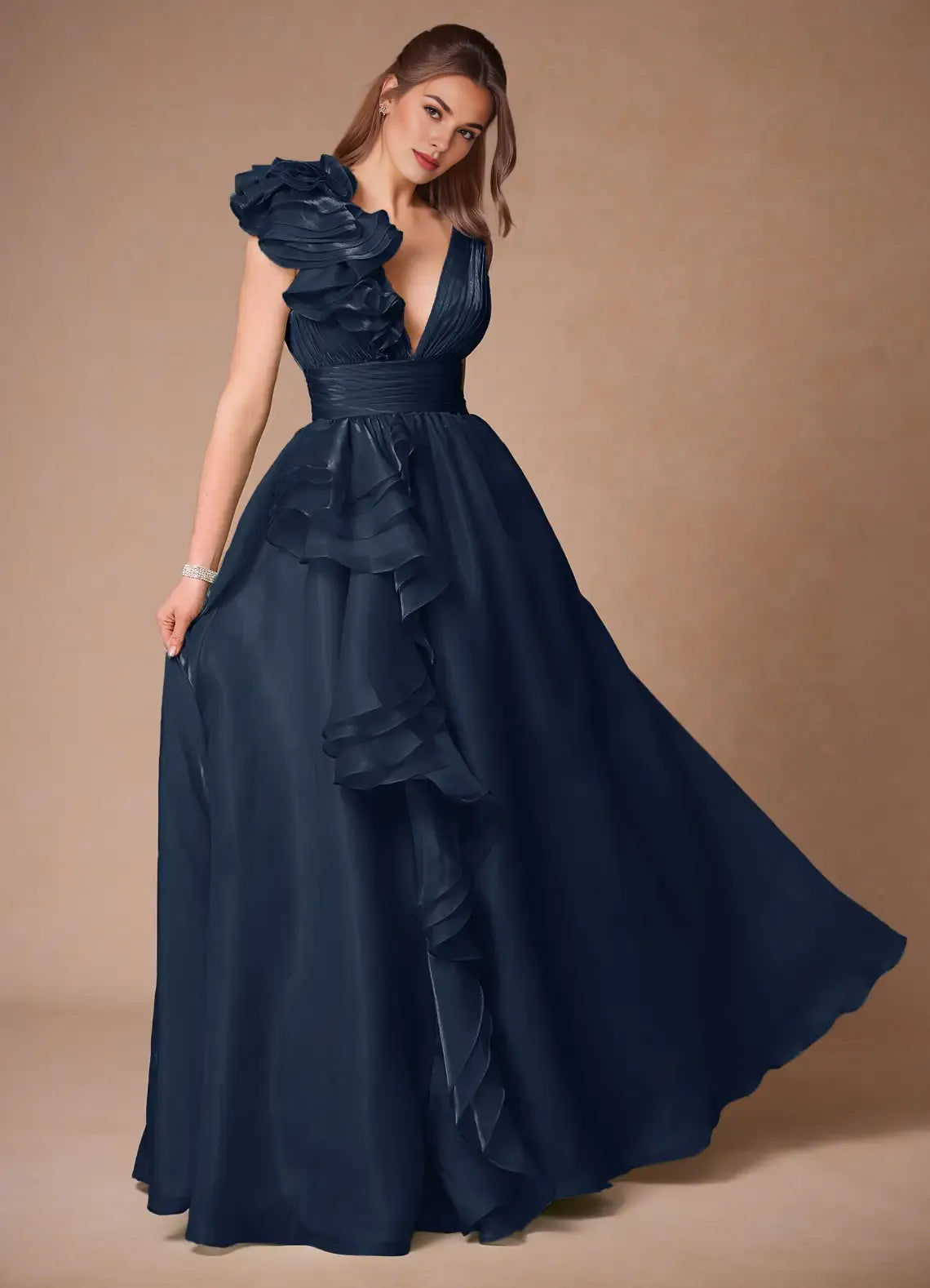 A-line V Neck Pleated Ruffle Chiffon Navy Floor Length Prom Dress