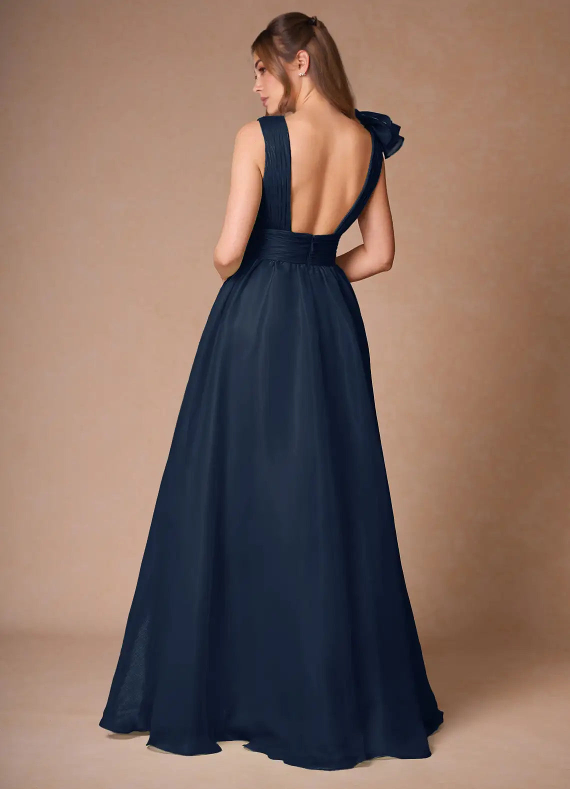 A-line V Neck Pleated Ruffle Chiffon Navy Floor Length Prom Dress