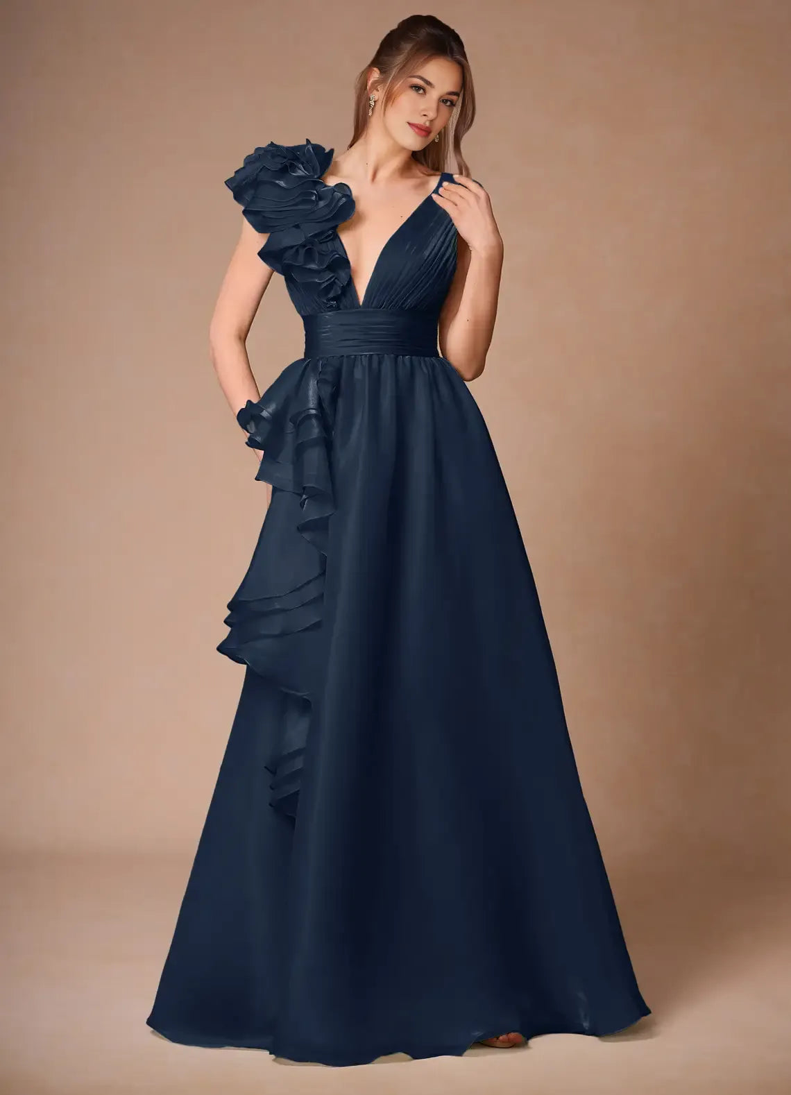 A-line V Neck Pleated Ruffle Chiffon Navy Floor Length Prom Dress