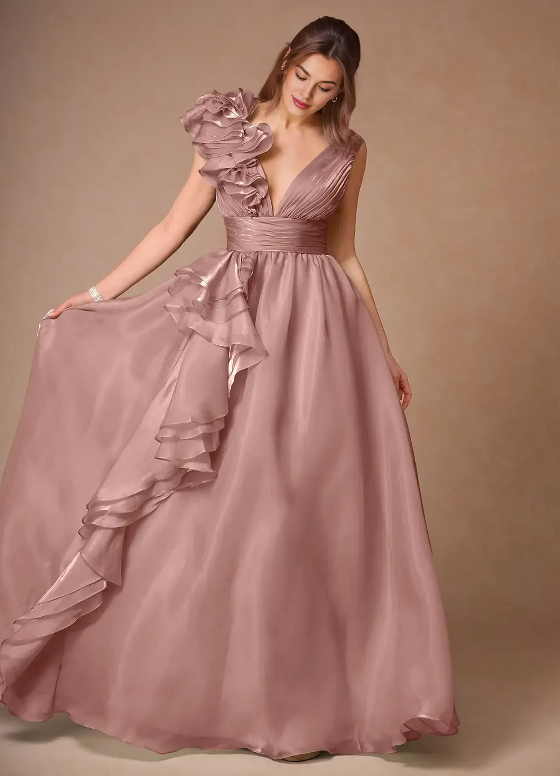 A-line V Neck Pleated Ruffle Chiffon Pink Floor Length Prom Dress