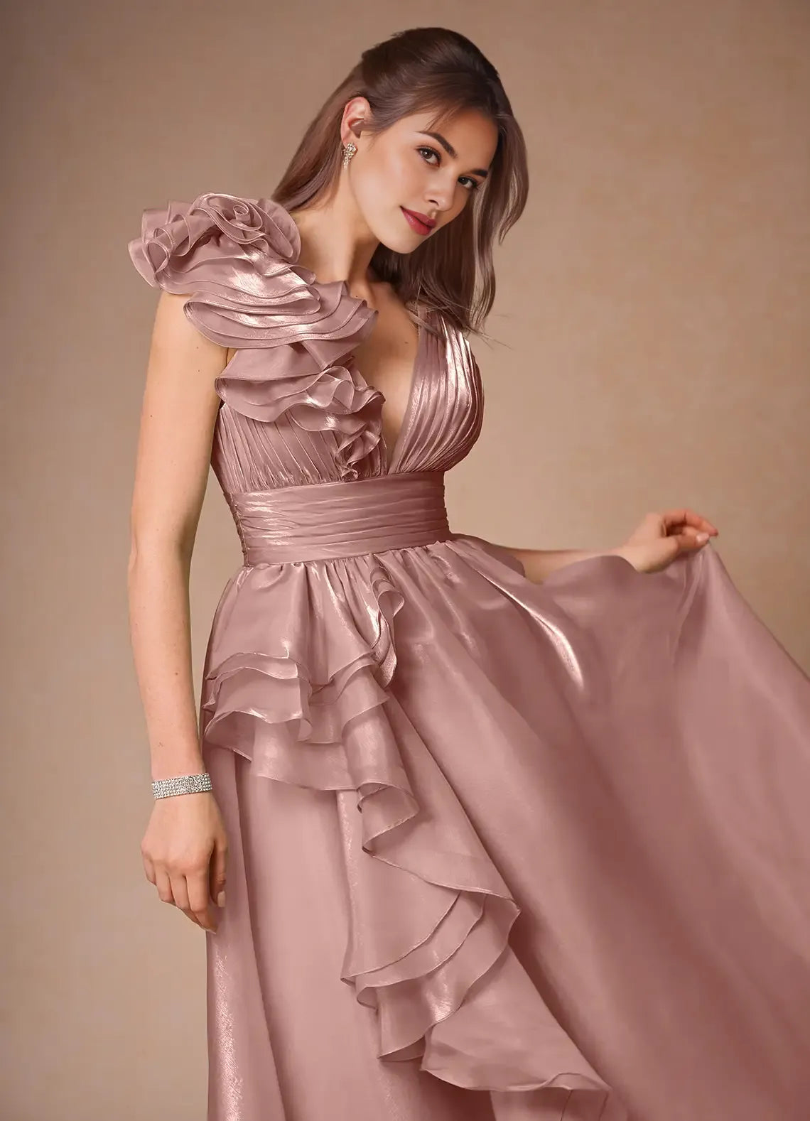 A-line V Neck Pleated Ruffle Chiffon Pink Floor Length Prom Dress