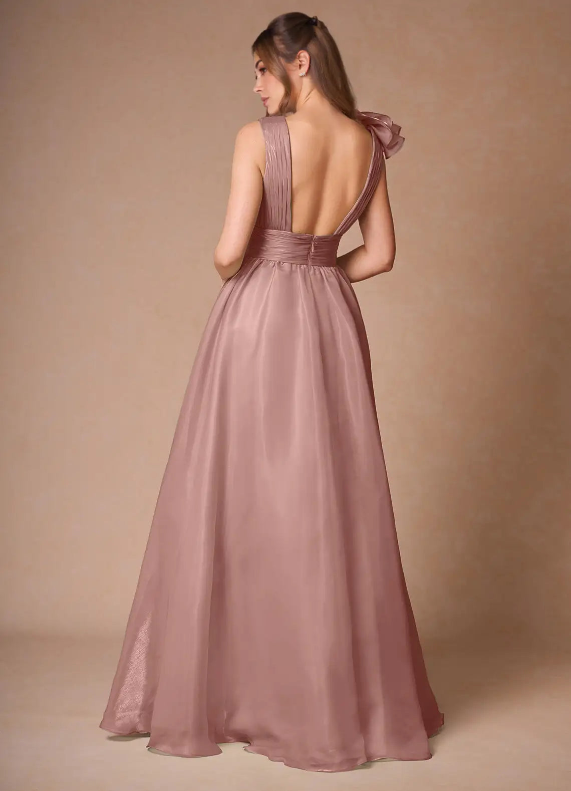 A-line V Neck Pleated Ruffle Chiffon Pink Floor Length Prom Dress