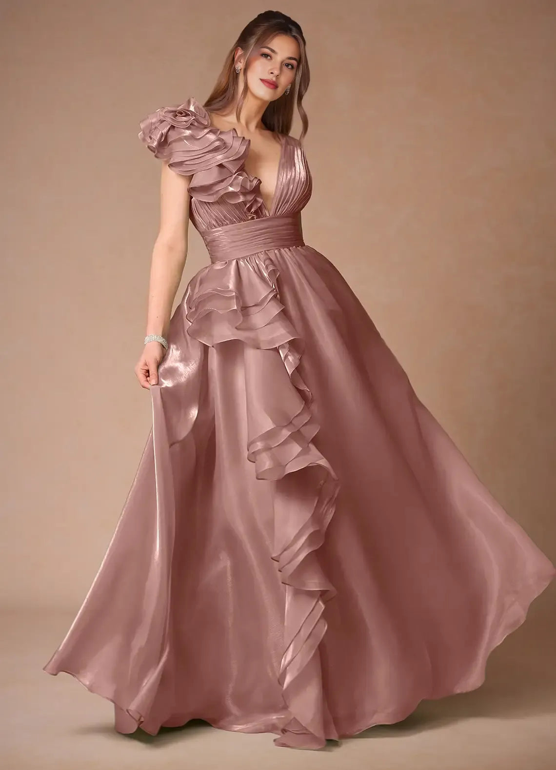A-line V Neck Pleated Ruffle Chiffon Pink Floor Length Prom Dress