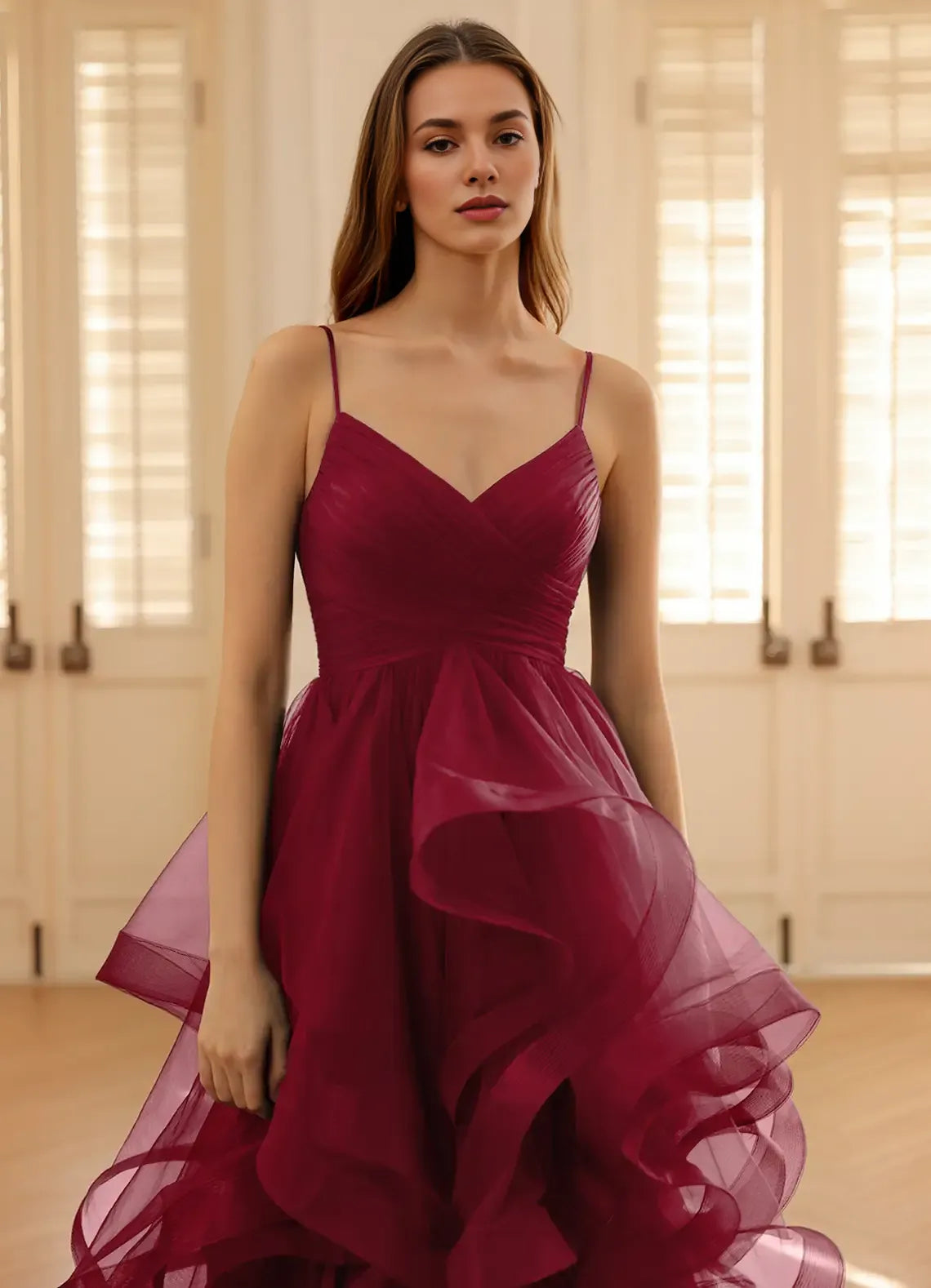 A-line V Neck Spaghetti Straps Ruffles Layers Tulle Wine Prom Dress