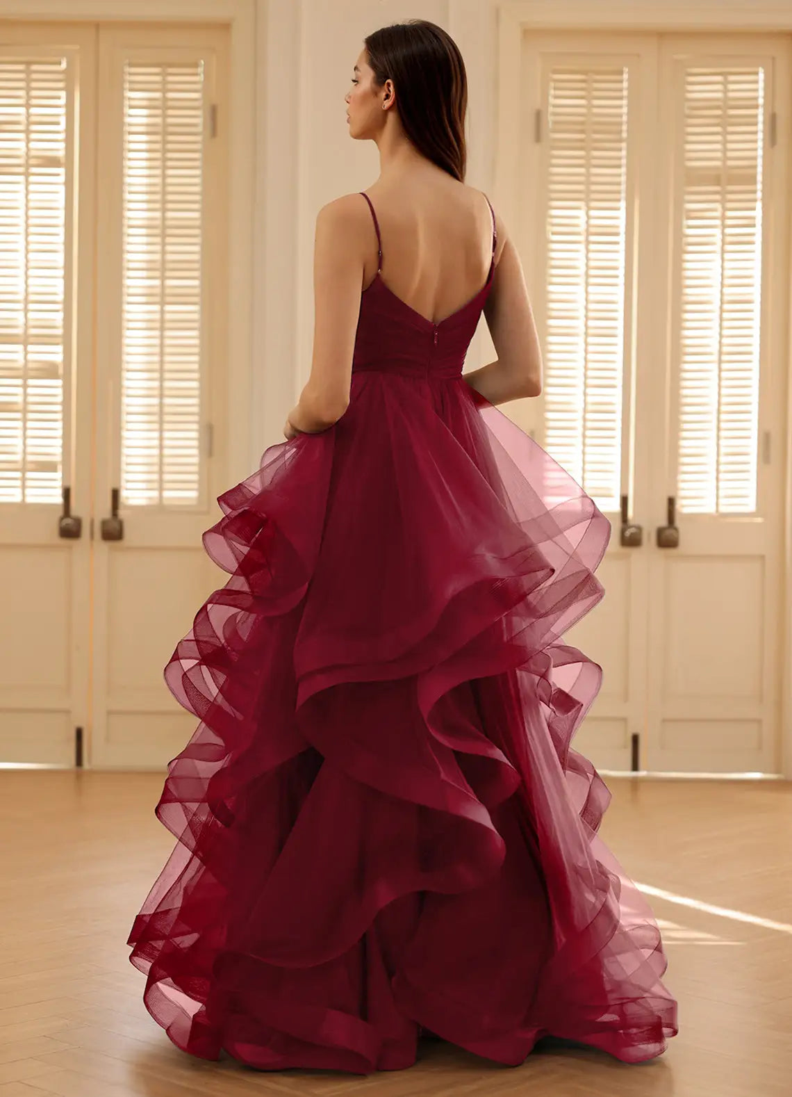 A-line V Neck Spaghetti Straps Ruffles Layers Tulle Wine Prom Dress