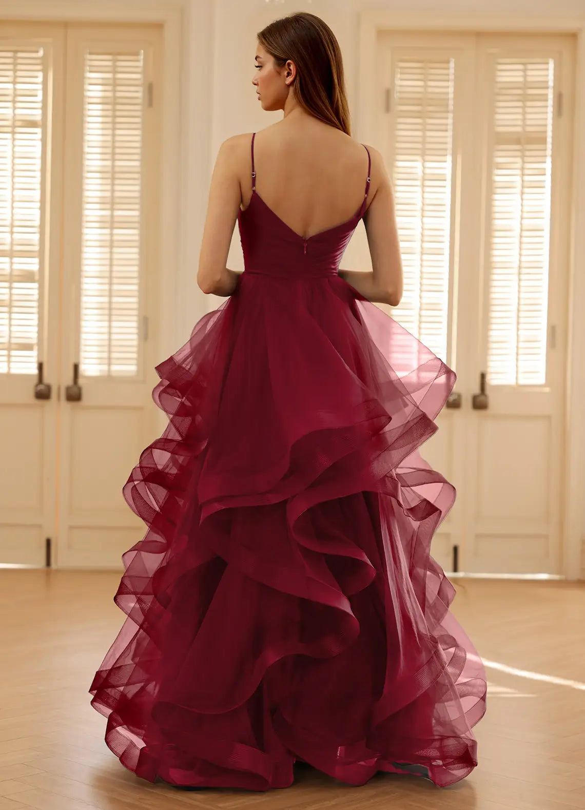 A-line V Neck Spaghetti Straps Ruffles Layers Tulle Wine Prom Dress