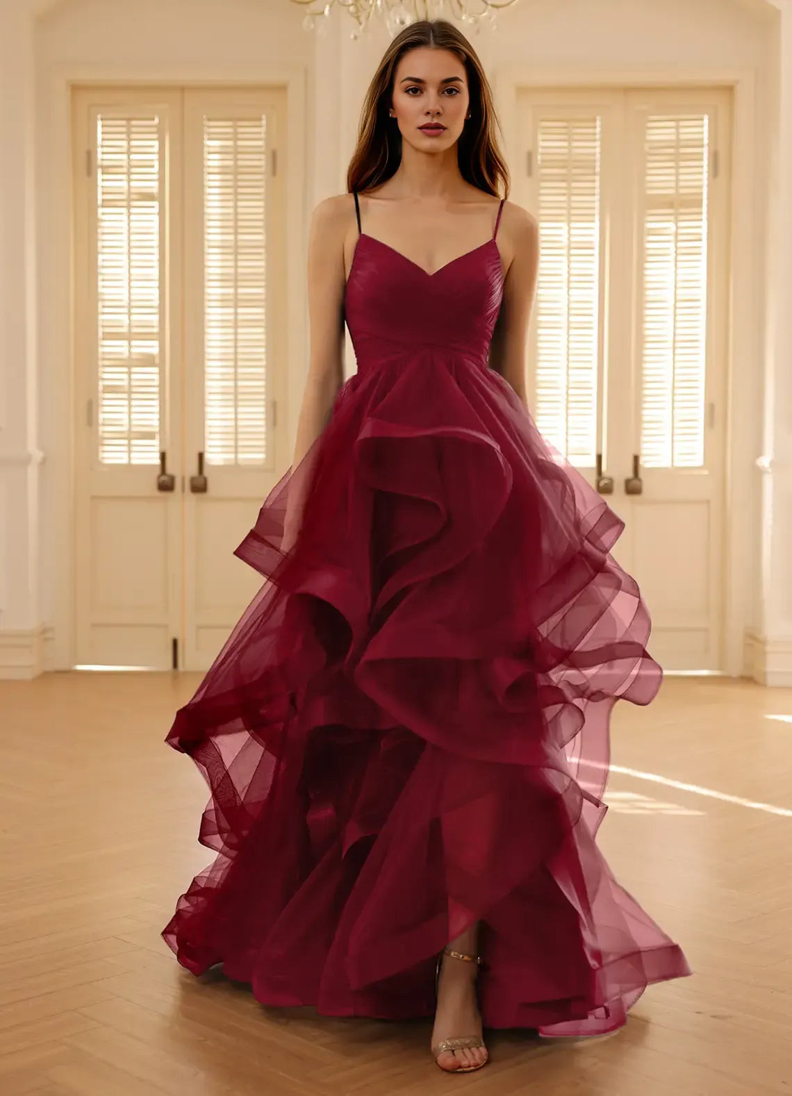 A-line V Neck Spaghetti Straps Ruffles Layers Tulle Wine Prom Dress