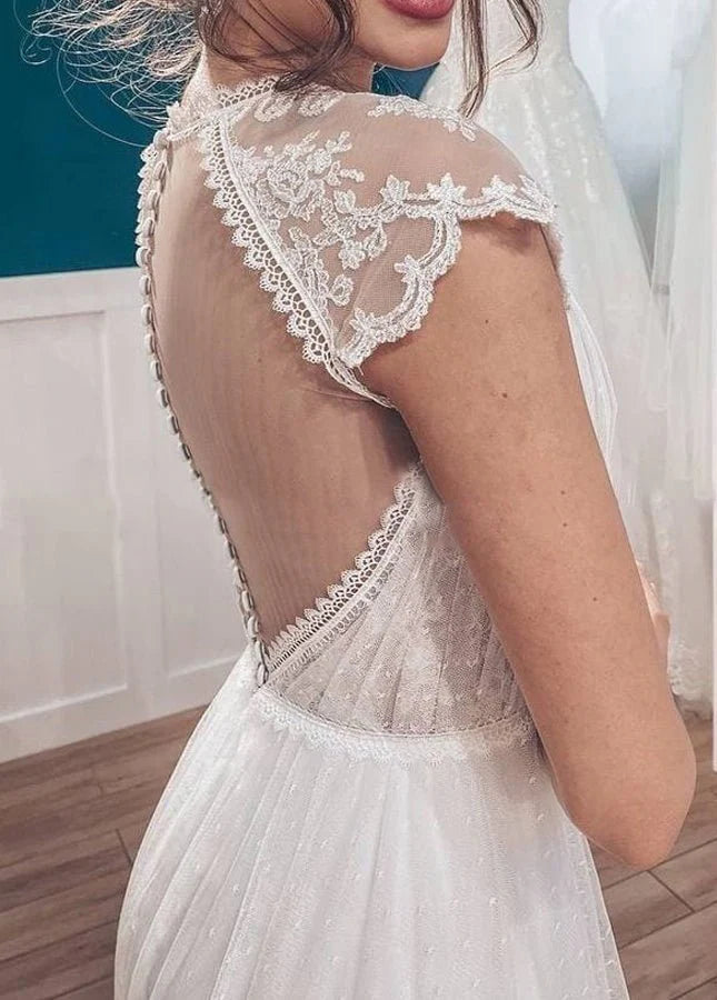 A-line White Lace Tulle V-Neck Cap Sleeves Backyard Beaded Long Wedding Dresses With Sweep Train