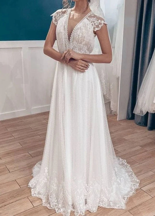 A-line White Lace Tulle V-Neck Cap Sleeves Backyard Beaded Long Wedding Dresses With Sweep Train