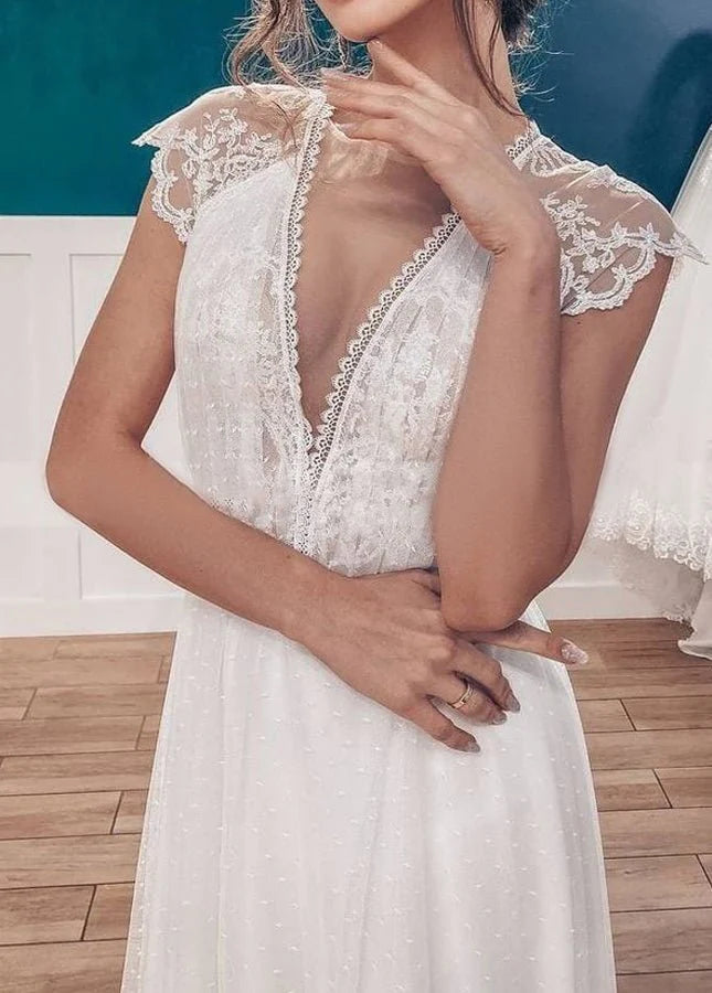 A-line White Lace Tulle V-Neck Cap Sleeves Backyard Beaded Long Wedding Dresses With Sweep Train