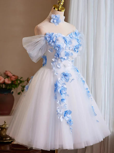 A-line White Off Shoulder Short Tulle With Flowers Homecoming Dress Short Party Dress