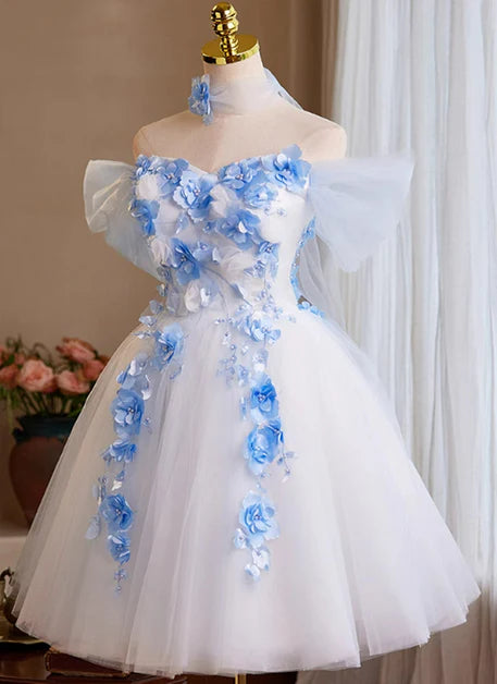 A-line White Off Shoulder Short Tulle With Flowers Homecoming Dress Short Party Dress