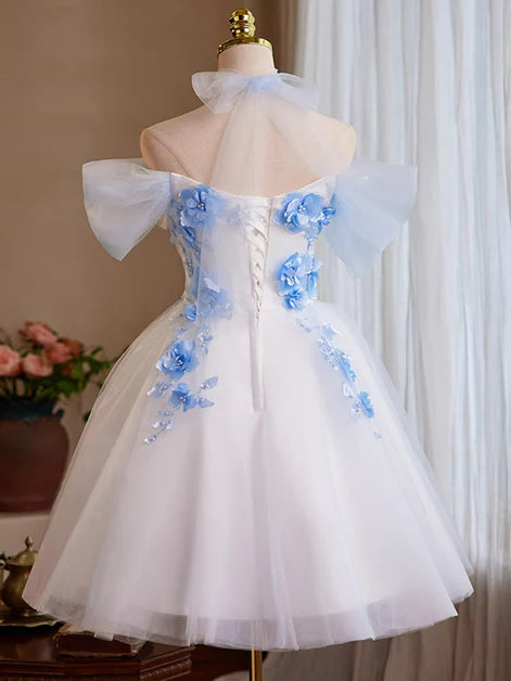 A-line White Off Shoulder Short Tulle With Flowers Homecoming Dress Short Party Dress