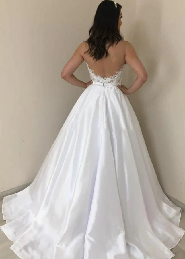 A-line White Satin Bow Belt Sleeveless Sweetheart Train Bride Wedding Dresses With Appliques