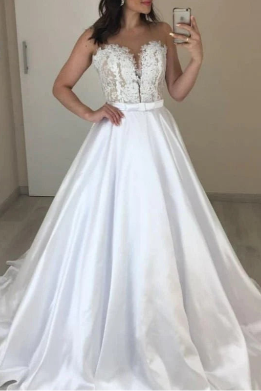 A-line White Satin Bow Belt Sleeveless Sweetheart Train Bride Wedding Dresses With Appliques