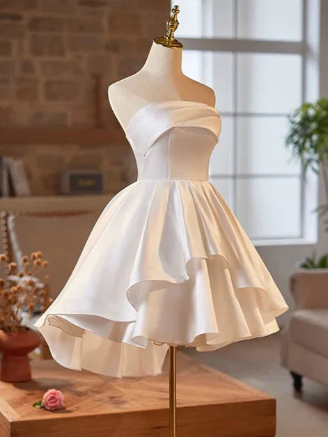 A-line White Satin High Low Scoop Graduation Dress Party Dress Formal Dress