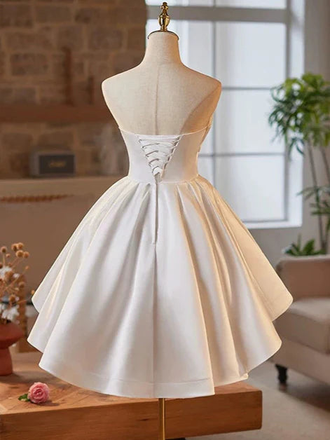 A-line White Satin High Low Scoop Graduation Dress Party Dress Formal Dress