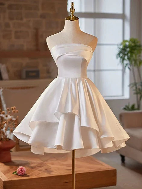 A-line White Satin High Low Scoop Graduation Dress Party Dress Formal Dress