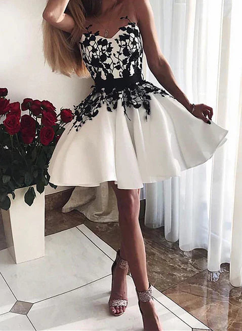 A-line White Satin with Black Lace Short Party Dress Graduation Dress Homecoming Dresses