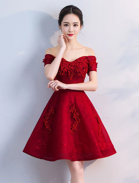 A-line Wine Red Off Shoulder Short Applique Homecoming Dress Prom Dress Graduation Party Dress
