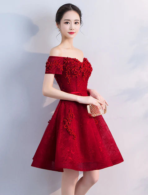A-line Wine Red Off Shoulder Short Applique Homecoming Dress Prom Dress Graduation Party Dress