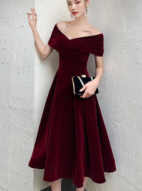 A-line Wine Red Off Shoulder Tea Velvet Party Dress Prom Dresses