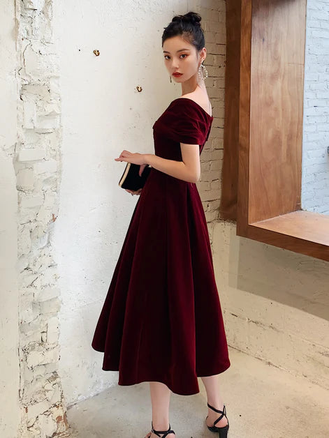 A-line Wine Red Off Shoulder Tea Velvet Party Dress Prom Dresses