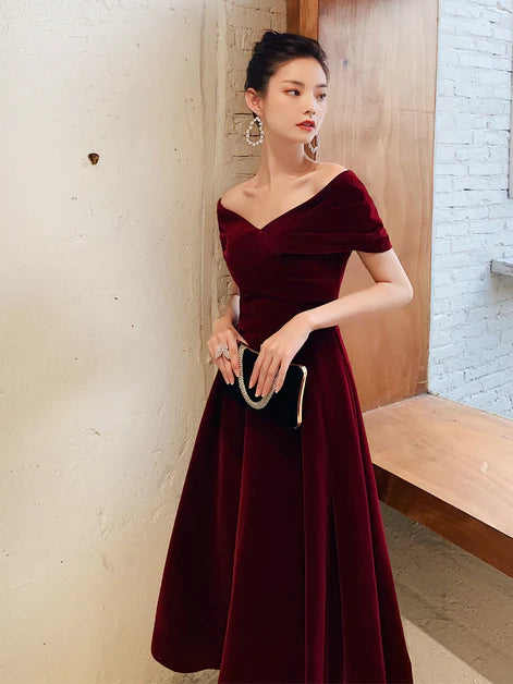 A-line Wine Red Off Shoulder Tea Velvet Party Dress Prom Dresses